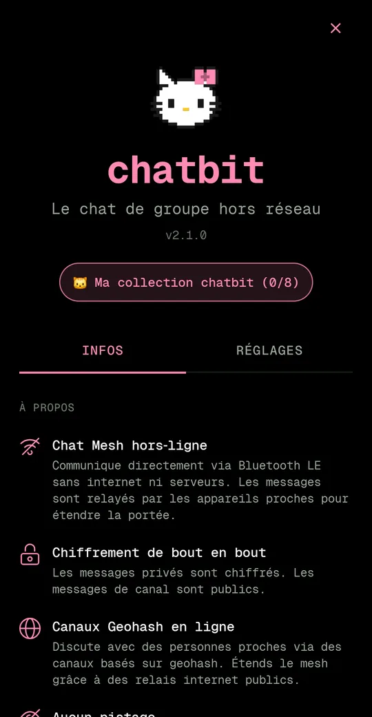 Écran d'accueil des informations de chatbit
